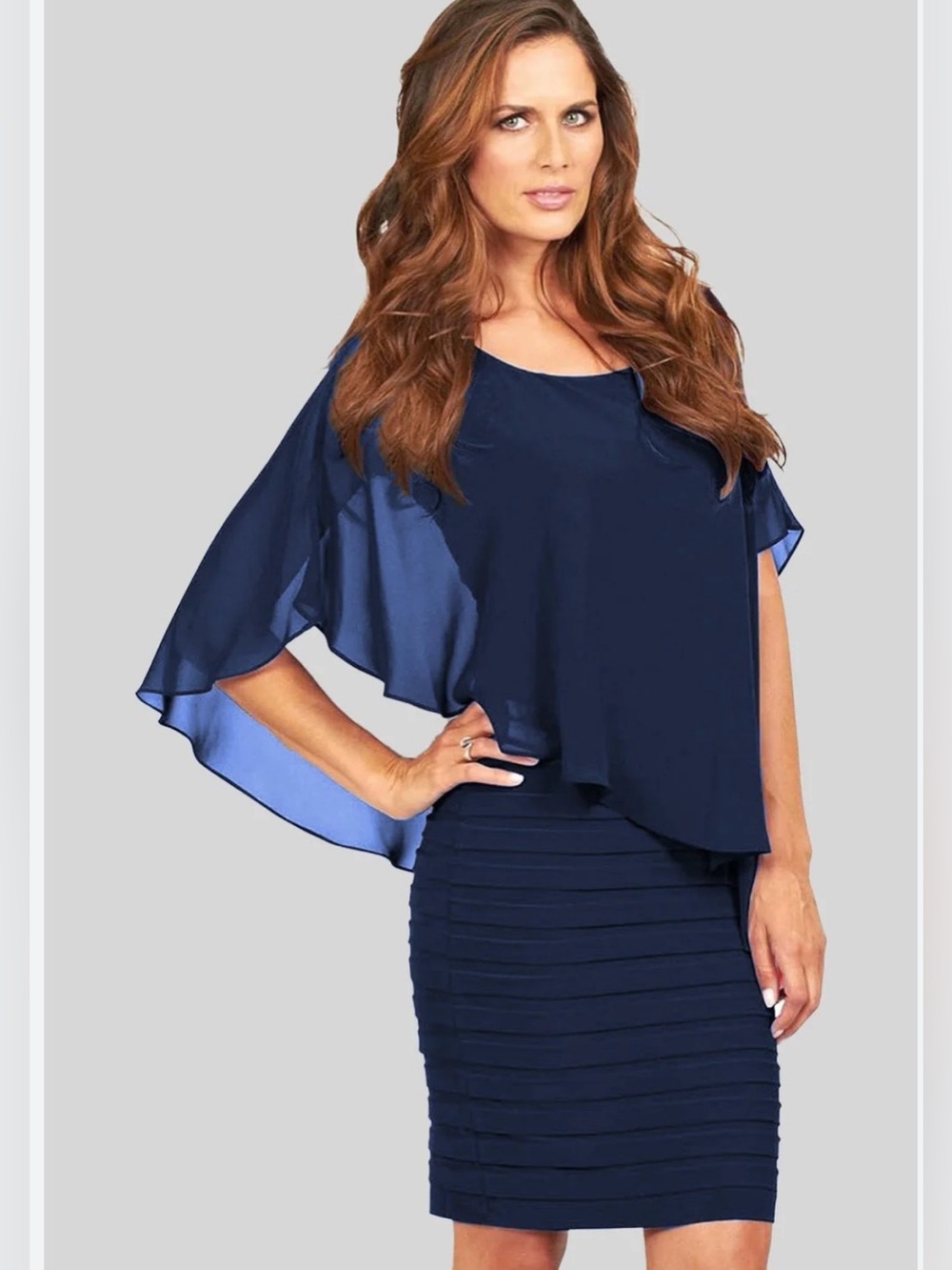 Scarlett Navy Layered Chiffon Cape Sleeve Tunic